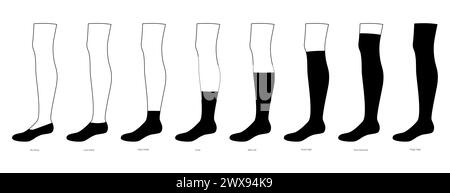 Ensemble de chaussettes bonneterie - No Show, basse, haute cheville, équipage, mi-mollet, hauteur genou, longueur cuisse. Accessoire de mode vêtements illustration technique bas. Vue latérale vectorielle pour hommes, style femme, CAD plat Illustration de Vecteur