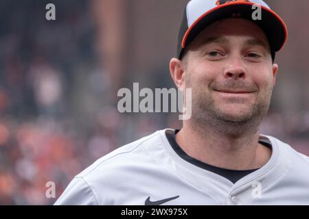 Baltimore, États-Unis. 28 mars 2024. BALTIMORE, MD - MARS 28 : le lanceur de secours des Orioles de Baltimore Mike Baumann (53) avant le match MLB de la journée d'ouverture entre les Orioles de Baltimore et les Angels de Los Angeles, le 28 mars 2024, à Orioles Park à Camden Yards, à Baltimore, Maryland. (Photo de Tony Quinn/SipaUSA) crédit : Sipa USA/Alamy Live News Banque D'Images