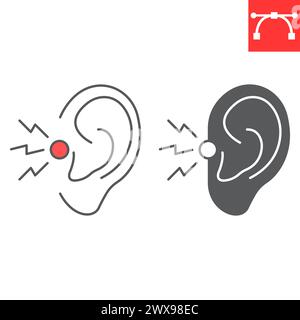 Ligne de douleur d'oreille et icône de glyphe, douleur de corps et maladie humaine, icône de vecteur de surdité, graphiques vectoriels, signe de contour de trait modifiable, eps 10. Illustration de Vecteur