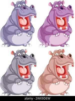 Quatre hippopotames de dessin animé stylisés de différentes couleurs Illustration de Vecteur