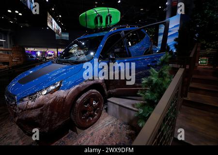 New York, États-Unis. 28 mars 2024. Subaru Forester lors de la journée presse au salon international de l'auto de New York le 28 mars 2024 à New York. Le salon a ouvert ses portes en 1900 au New York Coliseum, et a déménagé au Javits Center 87 ans plus tard où les fabricants exposent leurs nouveaux modèles et concepts de véhicules. (Photo de John Lamparski/Sipa USA) crédit : Sipa USA/Alamy Live News Banque D'Images