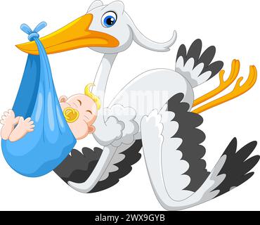 Dessin animé d'une cigogne mignonne portant un nouveau-né Illustration de Vecteur