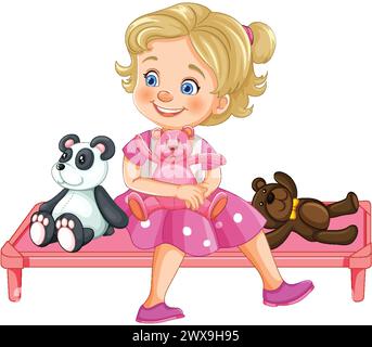 Fille souriante assise avec des jouets d'animaux en peluche Illustration de Vecteur