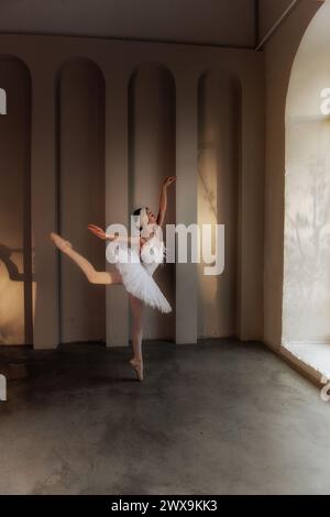 Jeune ballerine apaisée avec diadème à plumes, tutu blanc classique, se tient sur la pointe des pieds à pointe, frappant une pose élégante dans un studio de danse très éclairé, s. Banque D'Images