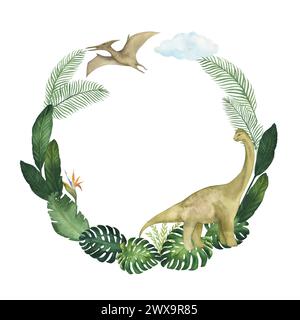 Cadre de cercle aquarelle avec illustration d'un dinosaure et de feuilles tropicales, monstera, palmiers, isolé. Pour la décoration de la chambre des enfants, papier peint, te Banque D'Images