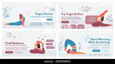 Set de conception de page de destination avec promotion de cours de yoga Illustration de Vecteur