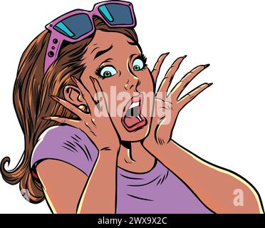 La femme crie d'horreur, couvrant son visage avec ses mains. Offres effrayantes pour les manucures et les produits de soins personnels. Client surpris et effrayé. Illustration de Vecteur
