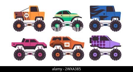 ensemble coloré de jouets de camion de monstre voiture grand transport lourd extrême grand véhicule hors route rapide Illustration de Vecteur