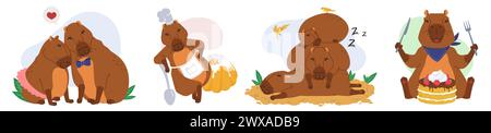 Personnages capybara heureux faisant des choses différentes Illustration de Vecteur