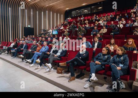 Tubeke, Belgique. 29 mars 2024. Auditorium photographié lors de Nieuwe Strategie vrouwenvoetbal, le vendredi 29 mars 2024 à Tubeke, Belgique . Crédit : Sportpix/Alamy Live News Banque D'Images