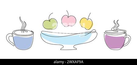 Dessin de tasses vapeur et bol avec pommes. Set pour une heure de thé saine ou une collation. Dessin continu sur une ligne. Mugs, assiette et fruits. Éléments de conception pour impression, carte postale, scrapbooking Illustration de Vecteur