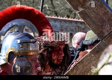 Kalwaria Zabrzydowska, Pologne, 29 mars 2024. Un acteur porte une croix alors que des milliers de dévots marchent sur le chemin de la procession de la Croix le vendredi Saint dans le site classé par l'UNESCO dans la basilique Kalwaria Zebrzydowska. La procession traditionnelle sur le site commence tôt le matin avec des acteurs payant les rôles bibliques du chemin de Croix. Crédit : Dominika Zarzycka/Alamy Live News Banque D'Images