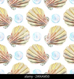 Coquillages, bulles, motif aquarelle sans couture. Illustration dessinée à la main pour papier d'emballage, couvertures, scrapbooking, papier peint, tissu, vêtements de plage. Banque D'Images