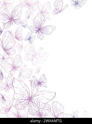 Les papillons sont roses, bleus, lilas, volants, ligne délicate Illustration graphique dessinée à la main en rose, encre lilas. Cadre, vecteur EPS modèle. Illustration de Vecteur