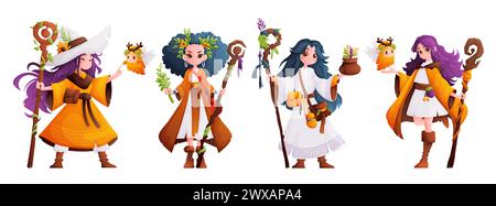 Un ensemble de quatre filles, gardiennes de la forêt. Femme druide, herboriste ou guérisseur avec un bâton en bois. Gardien de forêt et esprit forestier curieux. Dessin animé Illustration de Vecteur