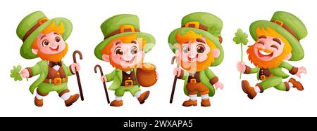 Ensemble de quatre leprechauns joyeux et mignons dans un costume vert. Un garçon aux cheveux rouges avec une barbe, portant un chapeau conique vert. Symbole du Saint de vacances Illustration de Vecteur
