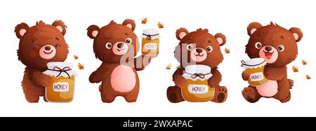 Un ensemble de quatre ours tenant un pot de miel dans leurs pattes. Ours mignon, abeilles amicales et miel dans un récipient en verre. Style de dessin animé, illustration vectorielle Illustration de Vecteur