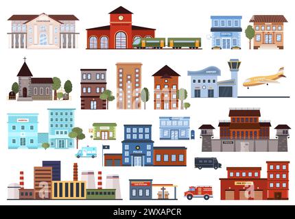 Ensemble de diverses icônes de bâtiments urbains plats. Illustration de Vecteur