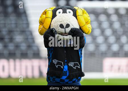 Derby, Derbyshire, Royaume-Uni. 29 mars 2024. La mascotte du comté de Derby, Rammie lors du match de Sky Bet League 1 entre le comté de Derby et Blackpool au Pride Park, Derby, vendredi 29 mars 2024. (Photo : Jon Hobley | mi News) crédit : MI News & Sport /Alamy Live News Banque D'Images