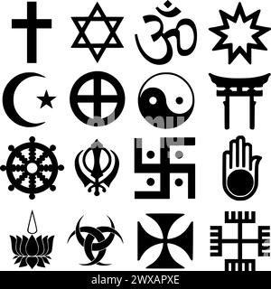 Un ensemble de symboles religieux, Croix chrétienne, étoile de David, Omkar, Bahai, croissant, Sun Cross, Yin-Yang, Shinto, Dharmacakra, Khanda, Swastika, Ahinsa Illustration de Vecteur