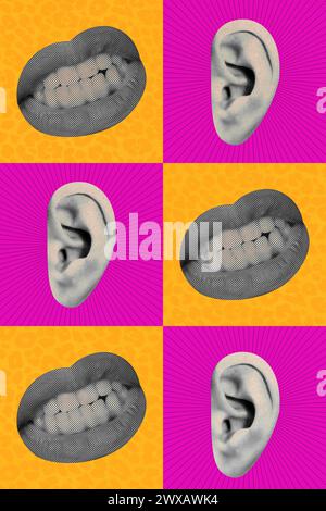 Dessin tendance composite croquis photo 3D collage de photo noir blanc silhouette pop art sans corps énorme bouche oreille épingle jusqu'à la pièce faciale de collection Banque D'Images