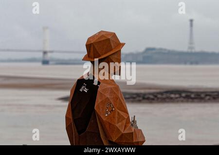 Sculpture polygonale, niveaux de Gwent par la rivière Severn . Gwent, pays de Galles , Royaume-Uni. Banque D'Images