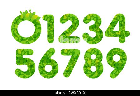 Ensemble de chiffres de printemps ou d'été de 0 à 9 avec des feuilles vertes. Concept de vente. Heureuse idée anniversaire. Eléments décoratifs pour produits biologiques ou naturels. Illustration de Vecteur