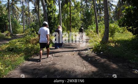 Certaines personnes marchent parmi les cocotiers imposants pendant la journée sur Gili Trawangan Island, Lombok Banque D'Images