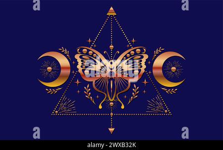 Papillon doré mystique, papillon magique et croissant de lune, symboles sacrés pour la sorcellerie, occulte, ésotérisme, estampe, affiche. Vecteur coloré païen magique Illustration de Vecteur