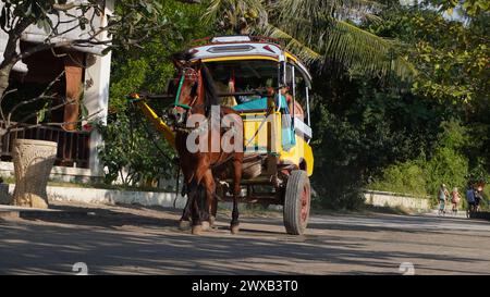 Un moyen de transport traditionnel sur l'île Gili Trawangan de Lombok nommé Cidomo qui est propulsé par un cheval accélère dans les rues Banque D'Images