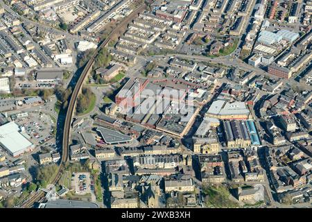 Une vue aérienne du centre-ville d'Accrington, Lancashire, nord-ouest de l'Angleterre, Royaume-Uni Banque D'Images