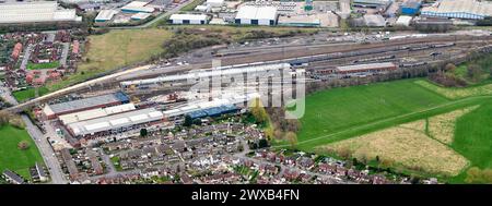 Neville Hill Traincare Depot, East leeds, West Yorkshire, nord de l'Angleterre, Royaume-Uni, tiré depuis les airs Banque D'Images