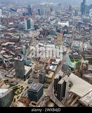 Une vue aérienne du centre de Manchester City, au nord-ouest de l'Angleterre, Royaume-Uni Banque D'Images