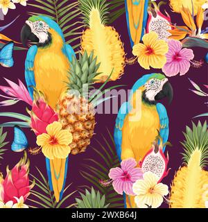 Aras, ananas et fleurs sans couture Illustration de Vecteur