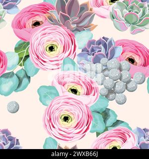 Fleurs sans couture et plantes succulentes Illustration de Vecteur