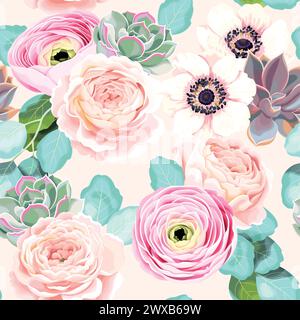 Fleurs sans couture et plantes succulentes Illustration de Vecteur