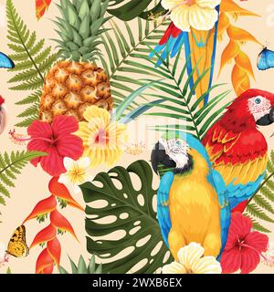Aras, ananas et fleurs sans couture Illustration de Vecteur