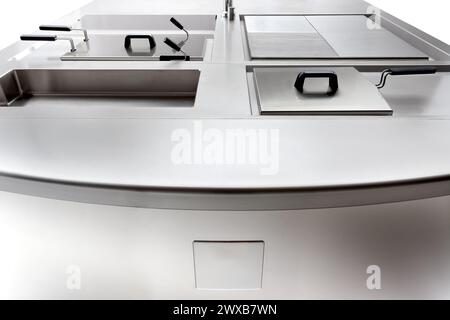 Cuisine moderne en acier inoxydable avec friteuse, plaque chauffante et évier. Design élégant, idéal pour les environnements culinaires, industriels ou commerciaux. Banque D'Images