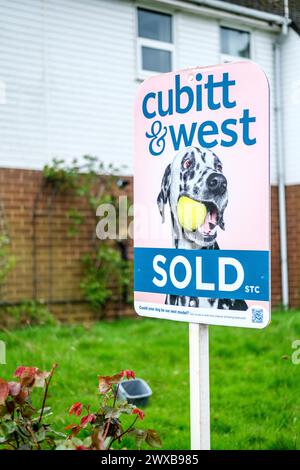 Leatherhead Surrey, Royaume-Uni, mars 29 2024, Cubitt et West Estate agents ont vendu House Sign Board avec No People Banque D'Images