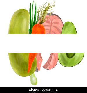 Composition alimentaire saine à l'aquarelle dessinée à la main. Saumon, oignons verts, avocat, courgettes, carottes. Produits agricoles frais pour la conception d'emballage, menu, reci Banque D'Images