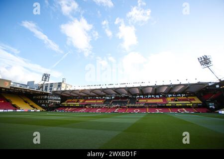 Watford, Royaume-Uni. 27 mars 2024. Vue générale de Vicarage Road avant le coup d'envoi du match du Watford FC vs Leeds United FC SKY BET EFL Championship à Vicarage Road, Watford, Angleterre, Royaume-Uni le 29 mars 2024 Credit : Every second Media/Alamy Live News Banque D'Images