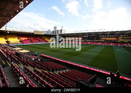 Watford, Royaume-Uni. 27 mars 2024. Vue générale de Vicarage Road avant le coup d'envoi du match du Watford FC vs Leeds United FC SKY BET EFL Championship à Vicarage Road, Watford, Angleterre, Royaume-Uni le 29 mars 2024 Credit : Every second Media/Alamy Live News Banque D'Images