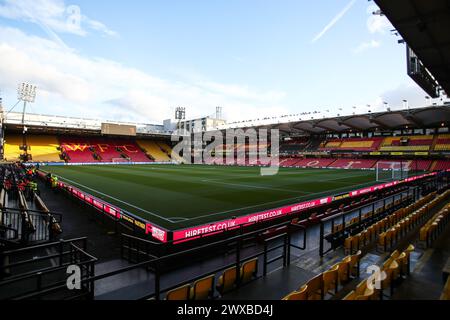 Watford, Royaume-Uni. 27 mars 2024. Vue générale de Vicarage Road avant le coup d'envoi du match du Watford FC vs Leeds United FC SKY BET EFL Championship à Vicarage Road, Watford, Angleterre, Royaume-Uni le 29 mars 2024 Credit : Every second Media/Alamy Live News Banque D'Images