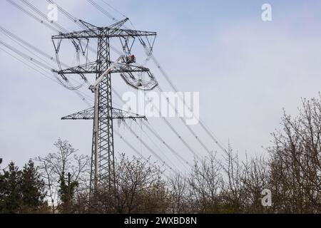 Nouvelle ligne électrique de Birkenfeld à Oetisheim dans le district d'Enzkreis, ligne de 14 kilomètres à 380 kV du gestionnaire de réseau de transport TransnetBW pour A. Banque D'Images