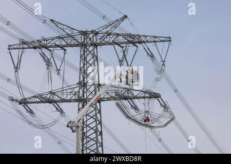 Nouvelle ligne électrique de Birkenfeld à Oetisheim dans le district d'Enzkreis, ligne de 14 kilomètres à 380 kV du gestionnaire de réseau de transport TransnetBW pour A. Banque D'Images