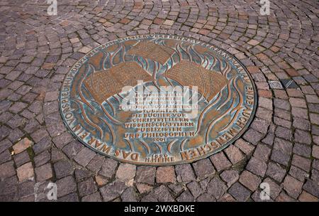 Plaque commémorative, commémorant l'incendie de livres par les nationaux-socialistes, Roemerberg, vieille ville, Francfort-sur-le-main, Hesse, Allemagne Banque D'Images