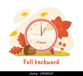 Affiche de l'heure d'été. Grande horloge rouge près des fleurs. Saison d'automne à l'envers. Modèle et mise en page. Elément graphique pour site Web. Vecteur plat de dessin animé i Illustration de Vecteur