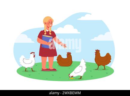 Fille nourrit poulets concept. Enfant avec de la nourriture pour poules. Agriculture et agriculture. Élevage avec des oiseaux domestiques et du bétail à la ferme. Vecteur plat de dessin animé illu Illustration de Vecteur