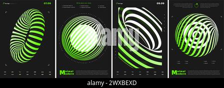 Ensemble d'affiches géométriques. Figures volumétriques géométriques vertes et blanches avec inscription. Cyberespace et réalité virtuelle. Prospectus et dépliant. Dessin animé fla Illustration de Vecteur