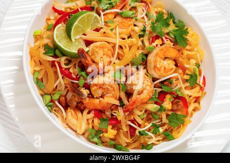 pad thai, phad thai, nouilles de riz sautées avec crevettes, cacahuètes, œufs brouillés, germes de haricots, oignons de printemps, poivron rouge et sauce dans un bol blanc, cl Banque D'Images